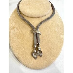Vintage Silver Tone Mesh Lariat Necklace with Sculptural Leaf Drops